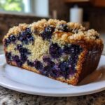 A close-up of a moist slice of blueberry banana bread topped with brown sugar streusel, sitting on a white plate.