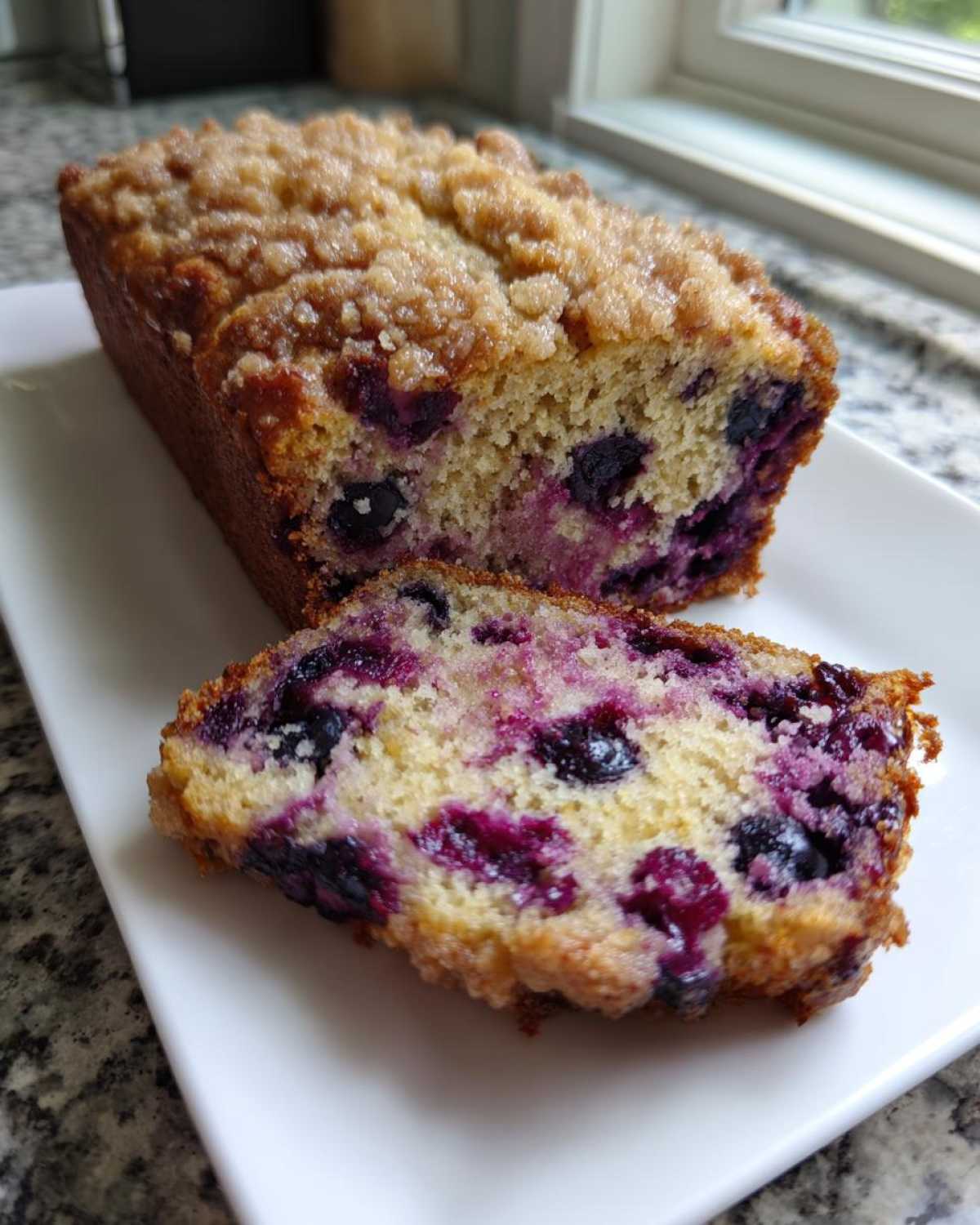 A loaf of moist blueberry banana bread, partially sliced, showing a rich crumb topping and bursting blueberries.