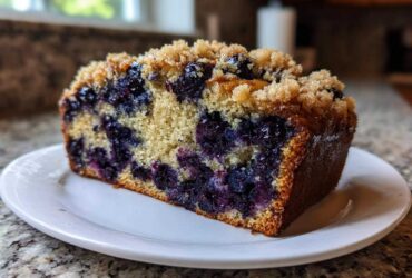 A close-up of a moist slice of blueberry banana bread topped with brown sugar streusel, sitting on a white plate.