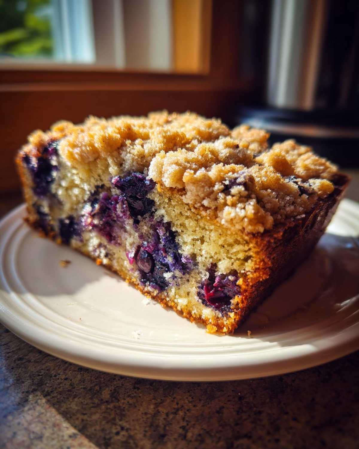 Close-up of a moist slice of blueberry banana bread topped with a golden crumb streusel, served on a white plate.