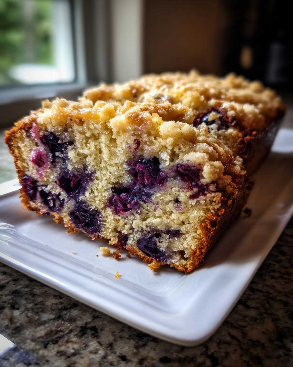 A close-up slice of moist blueberry banana bread featuring a golden crumb topping and bursting blueberries.