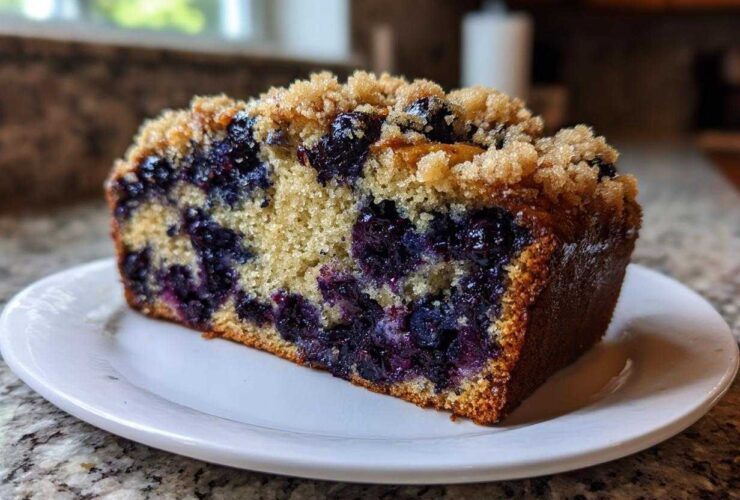 A close-up of a moist slice of blueberry banana bread topped with brown sugar streusel, sitting on a white plate.