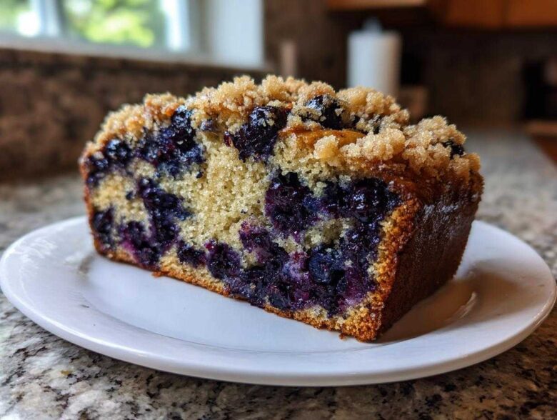 A close-up of a moist slice of blueberry banana bread topped with brown sugar streusel, sitting on a white plate.