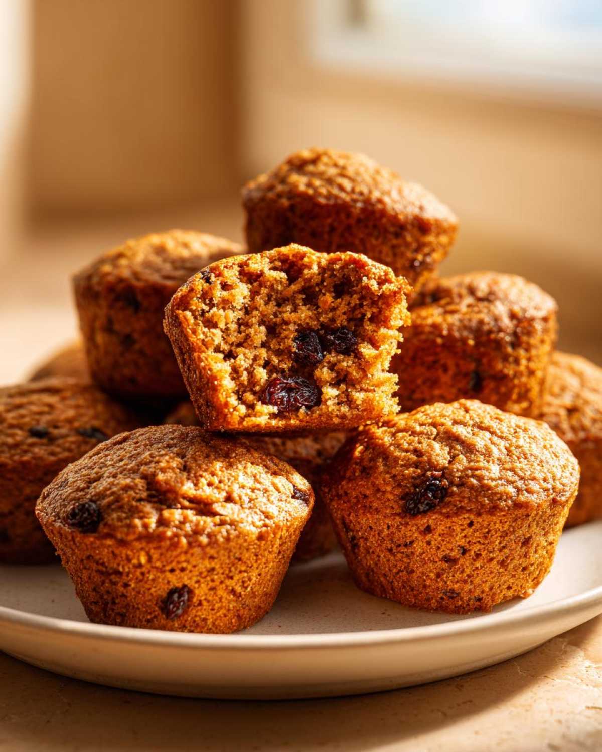 A stack of freshly baked bran muffins, one cut in half showing the moist interior and raisins, perfect for breakfast.