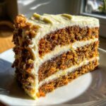 A tall, moist slice of three-layer carrot cake with thick cream cheese frosting layers.