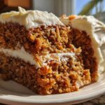 Close-up of a thick slice of moist carrot cake recipe layered with cream cheese frosting.