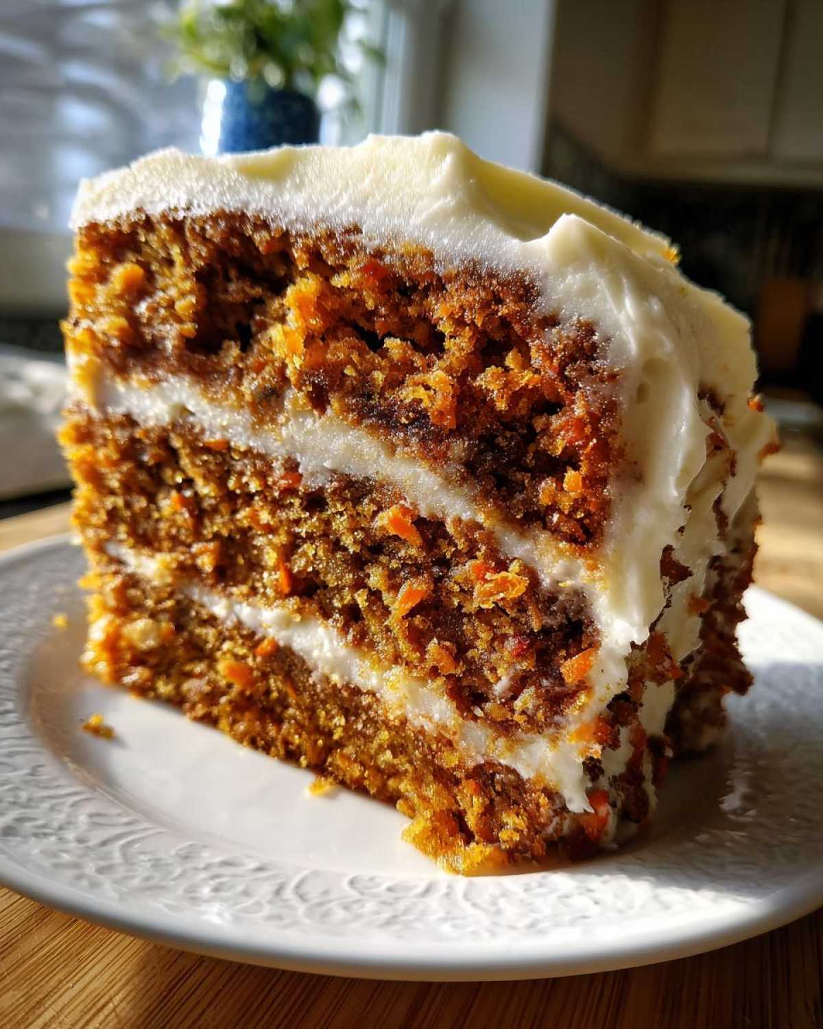 Close-up of a thick slice of moist carrot cake recipe layered with cream cheese frosting, illuminated by sunlight.