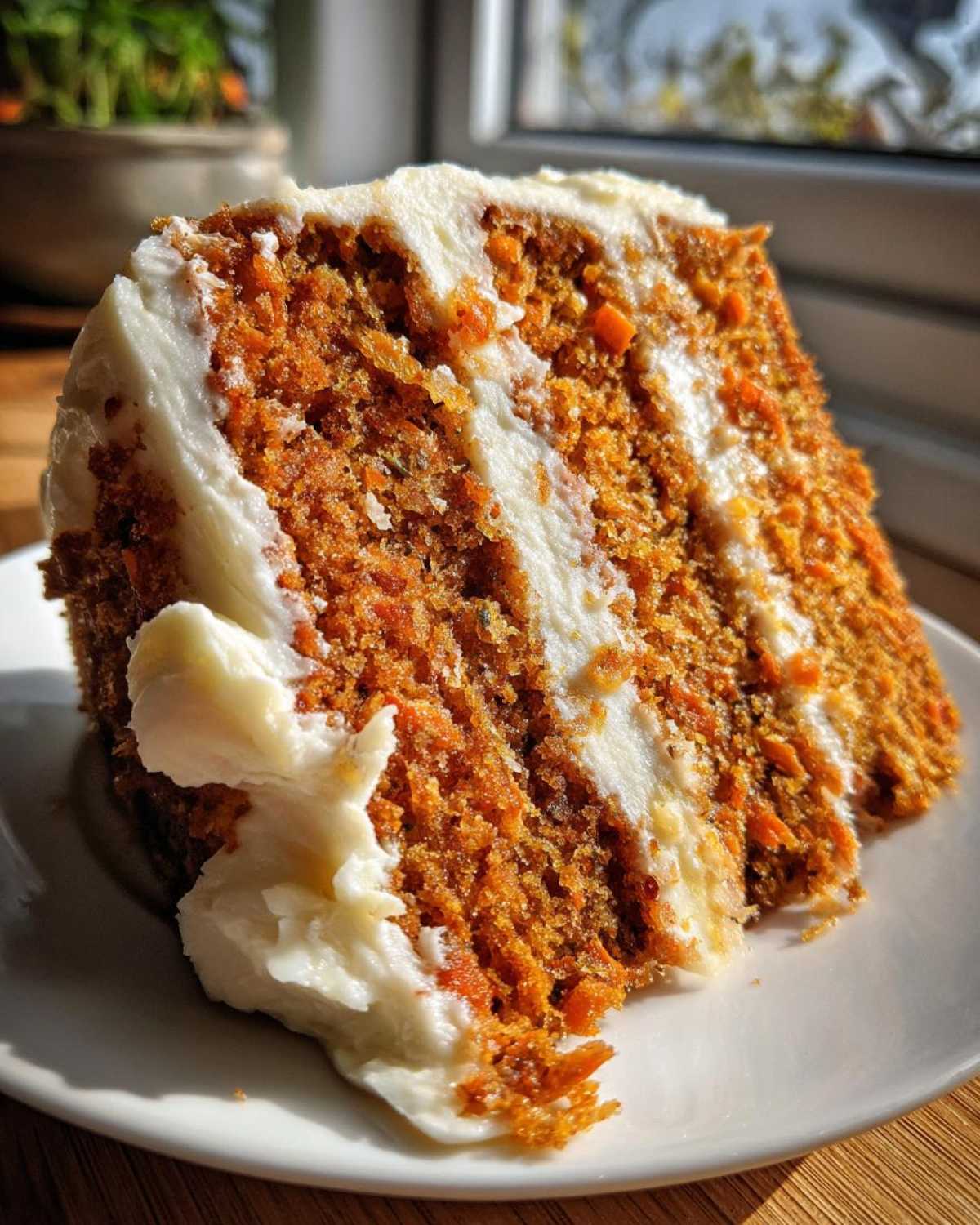 Close-up of a moist slice of carrot cake recipe with thick layers of cream cheese frosting.