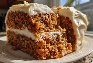 Close-up of a thick slice of moist carrot cake recipe layered with cream cheese frosting.
