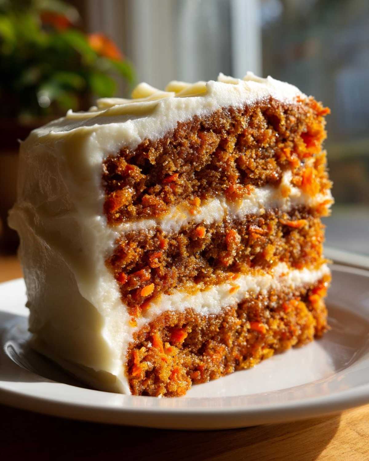 Close-up of a thick slice of moist carrot cake recipe layers with cream cheese frosting.