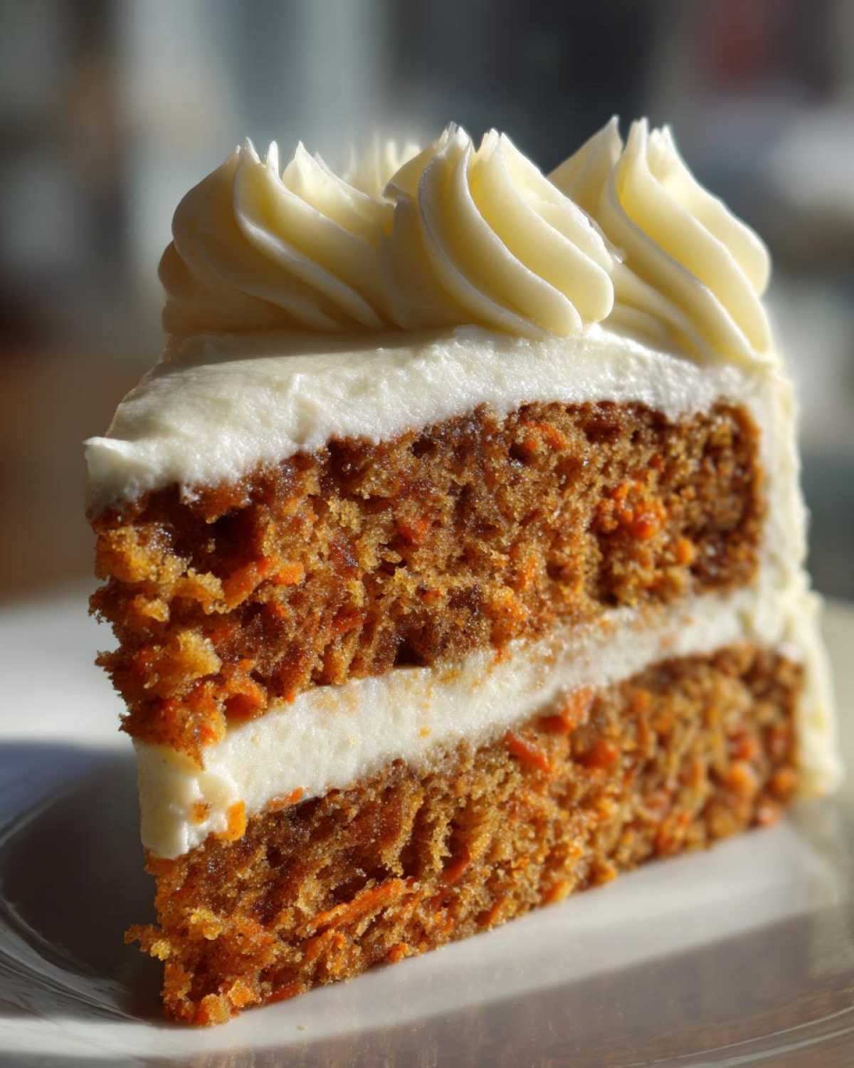 Close-up of a moist slice of carrot cake recipe with two layers and thick cream cheese frosting swirls.