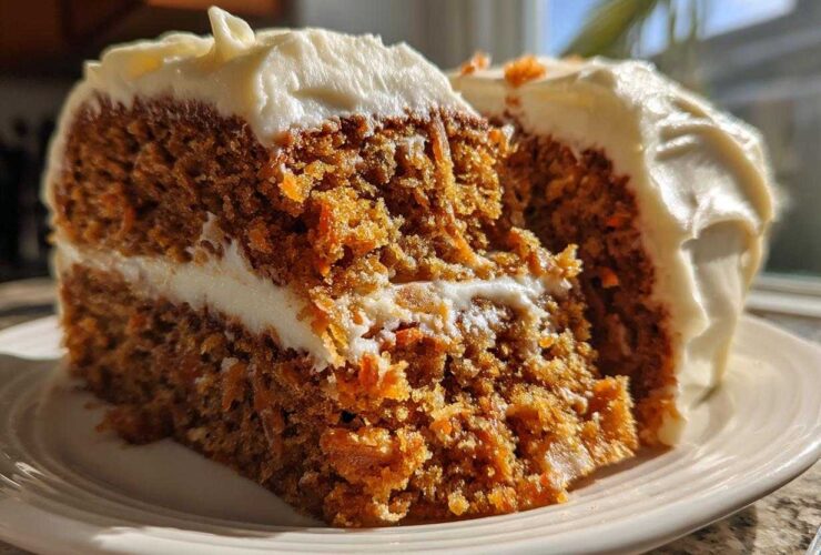Close-up of a thick slice of moist carrot cake recipe layered with cream cheese frosting.