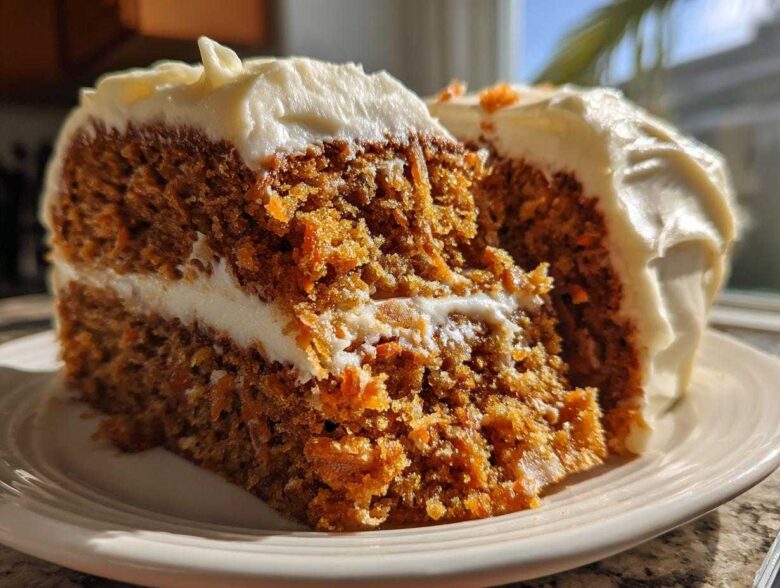 Close-up of a thick slice of moist carrot cake recipe layered with cream cheese frosting.