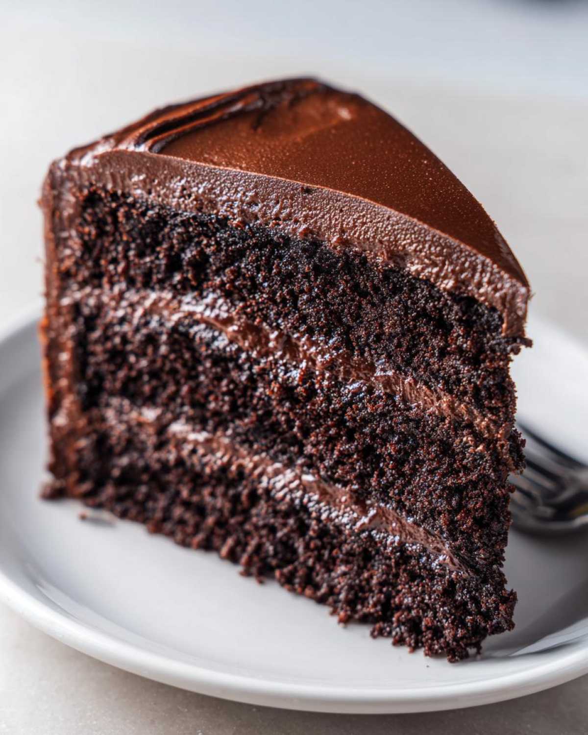 Close-up of a rich, moist slice of chocolate fudge cake layered with dark frosting on a white plate.