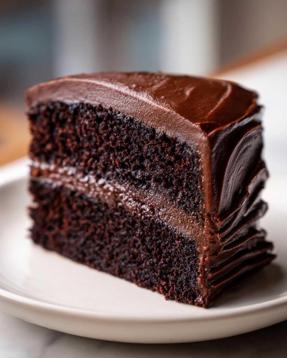 Close-up of a rich, moist slice of chocolate fudge cake layered with dark chocolate frosting.