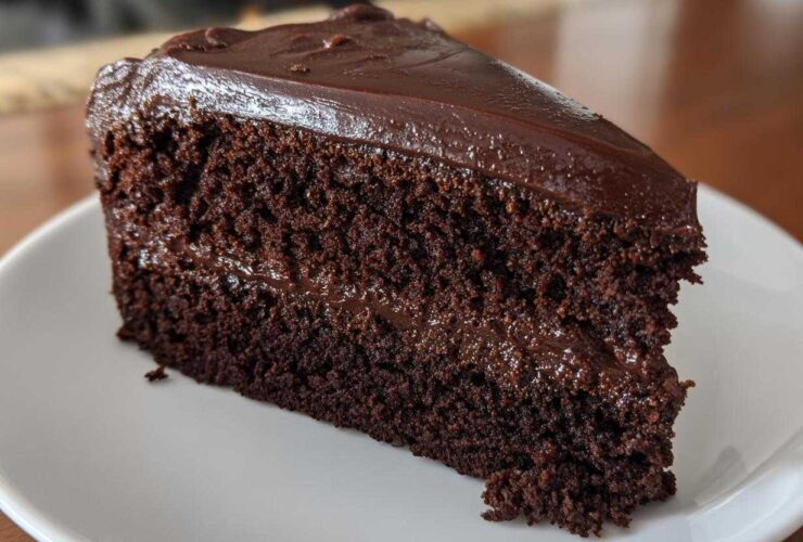 Close-up of a moist slice of dark chocolate fudge cake with rich frosting on a white plate.