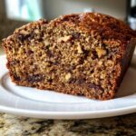 Close-up of a thick slice of moist date nut bread showing visible dates and walnuts throughout the crumb.