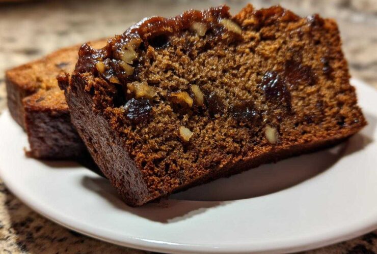 Close-up of a thick, moist slice of date nut bread showing visible dates and walnuts inside.