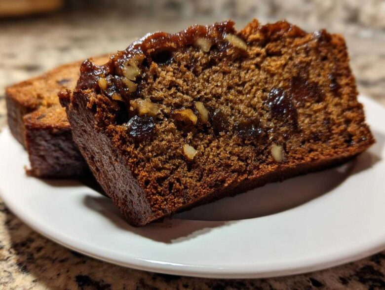 Close-up of a thick, moist slice of date nut bread showing visible dates and walnuts inside.