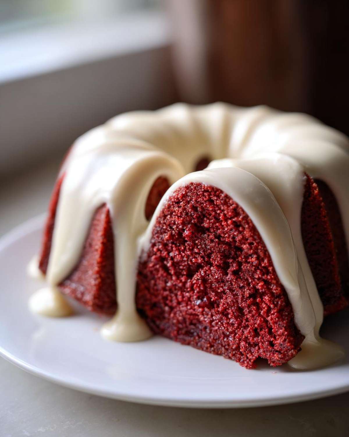 A slice cut from a vibrant red velvet bundt cake topped with thick, dripping cream cheese glaze.
