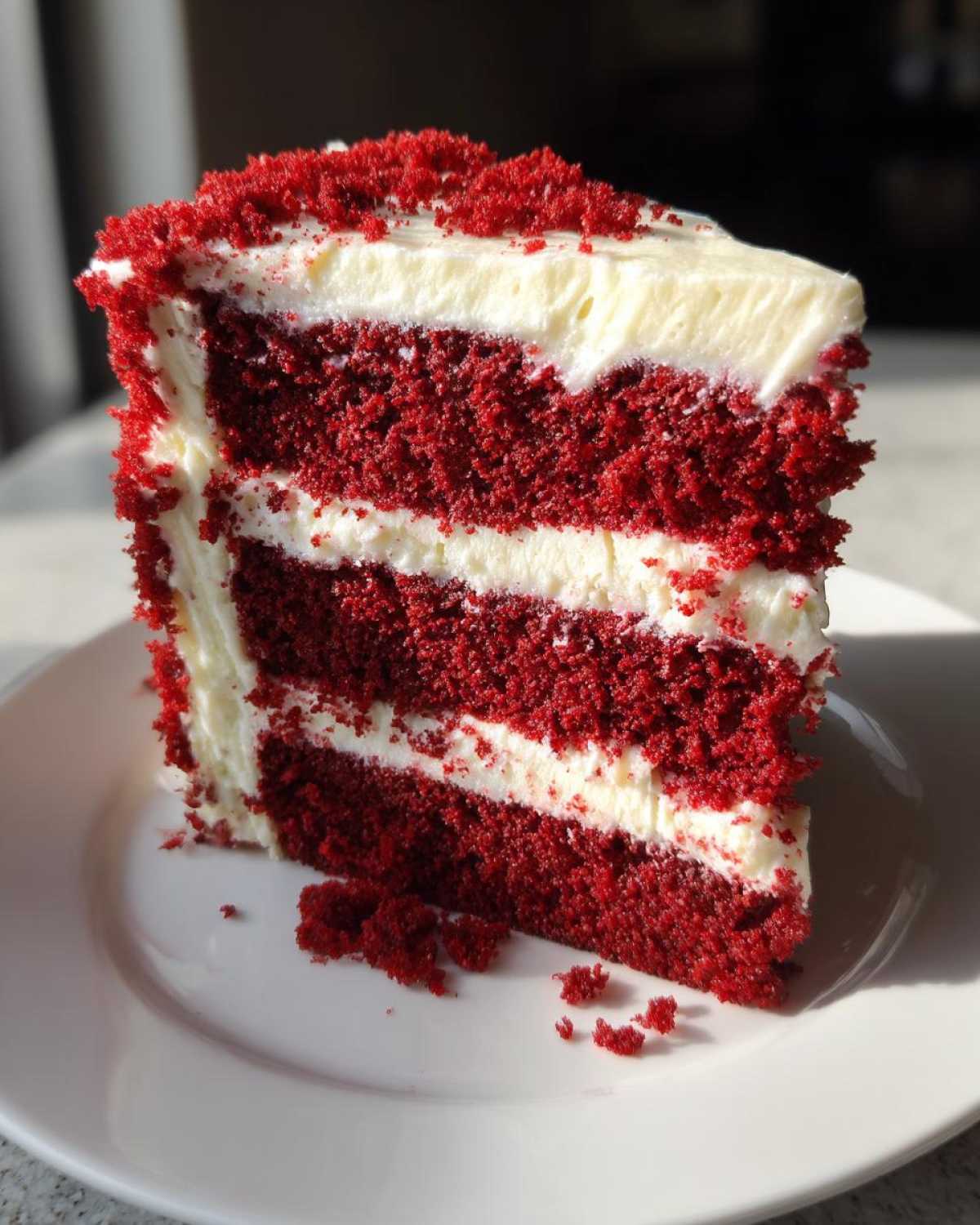 A tall, moist slice of red velvet cake with four layers of deep red cake separated by thick layers of white cream cheese frosting.