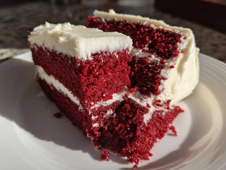 Close-up of a thick slice of vibrant red velvet cake layered with white cream cheese frosting.