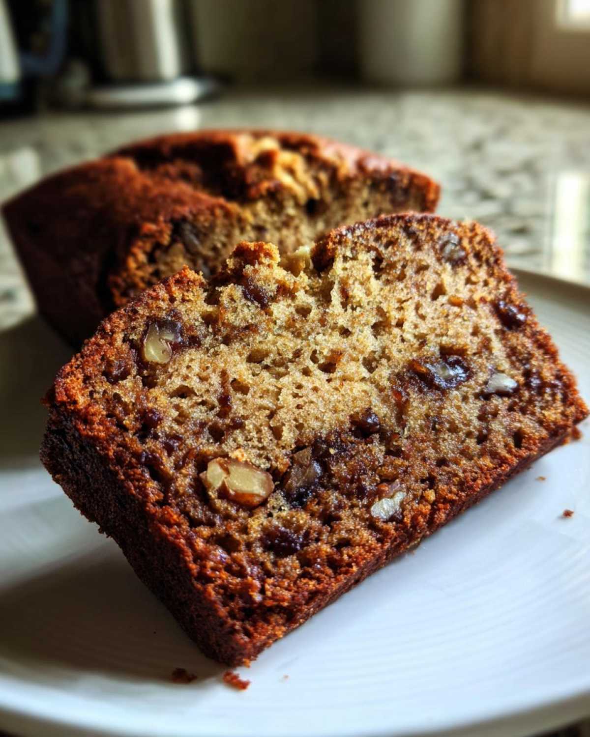 Close-up of a moist slice of date nut bread showing visible dates and walnuts inside the crumb.