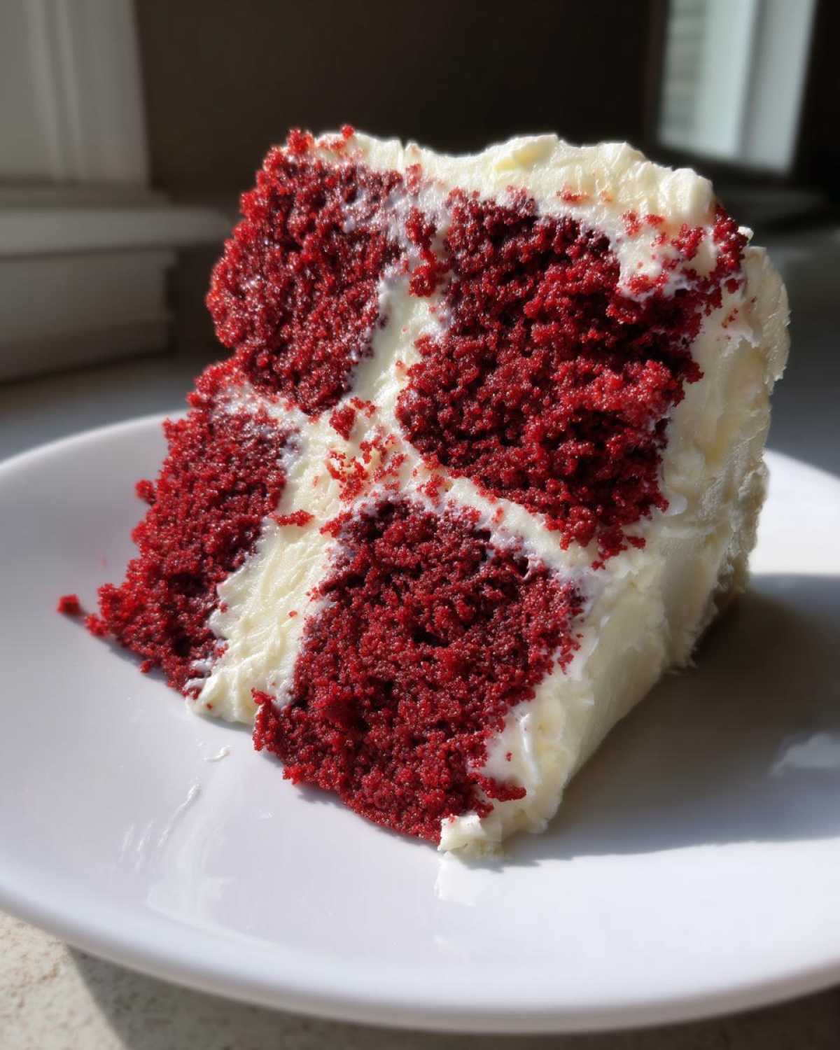 Close-up of a rich, moist slice of red velvet cake layered and topped with thick cream cheese frosting.