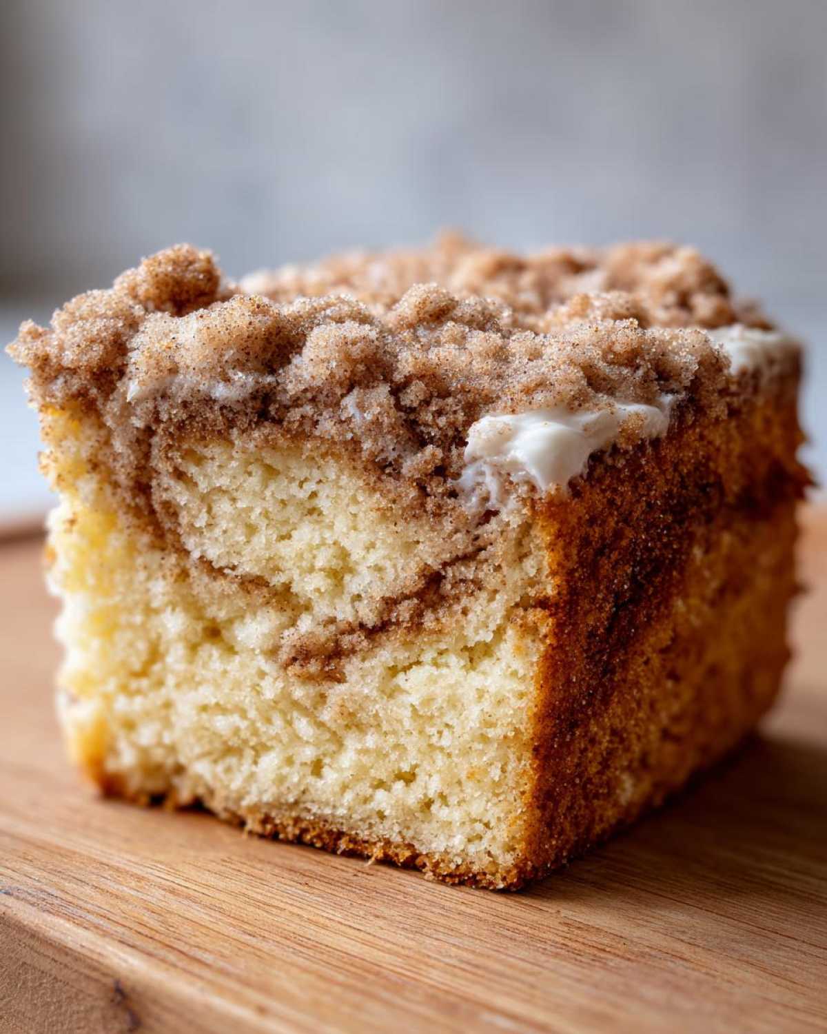 Close-up of a moist slice of sour cream coffee cake showing the light crumb, cinnamon swirl, and thick streusel topping.