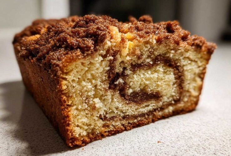 Close-up of a moist slice of sour cream coffee cake showing a cinnamon swirl and thick crumb topping.
