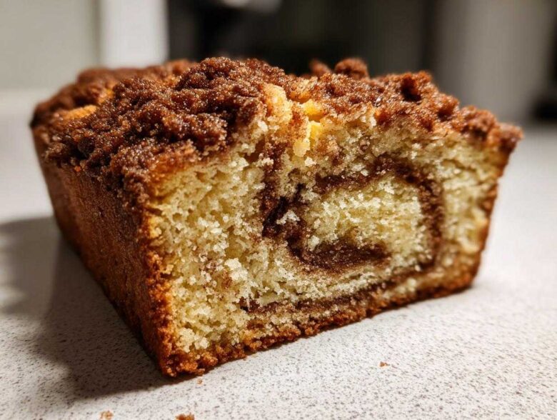 Close-up of a moist slice of sour cream coffee cake showing a cinnamon swirl and thick crumb topping.