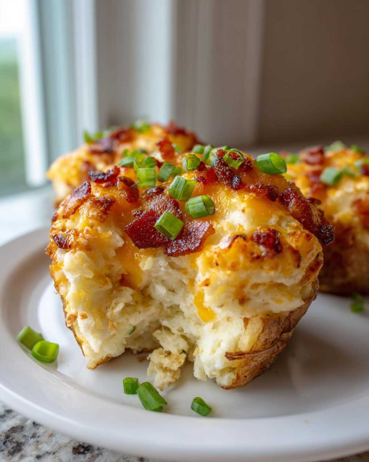 Close-up of a twice baked potato muffin with a bite taken out, topped with melted cheese, bacon, and chives.