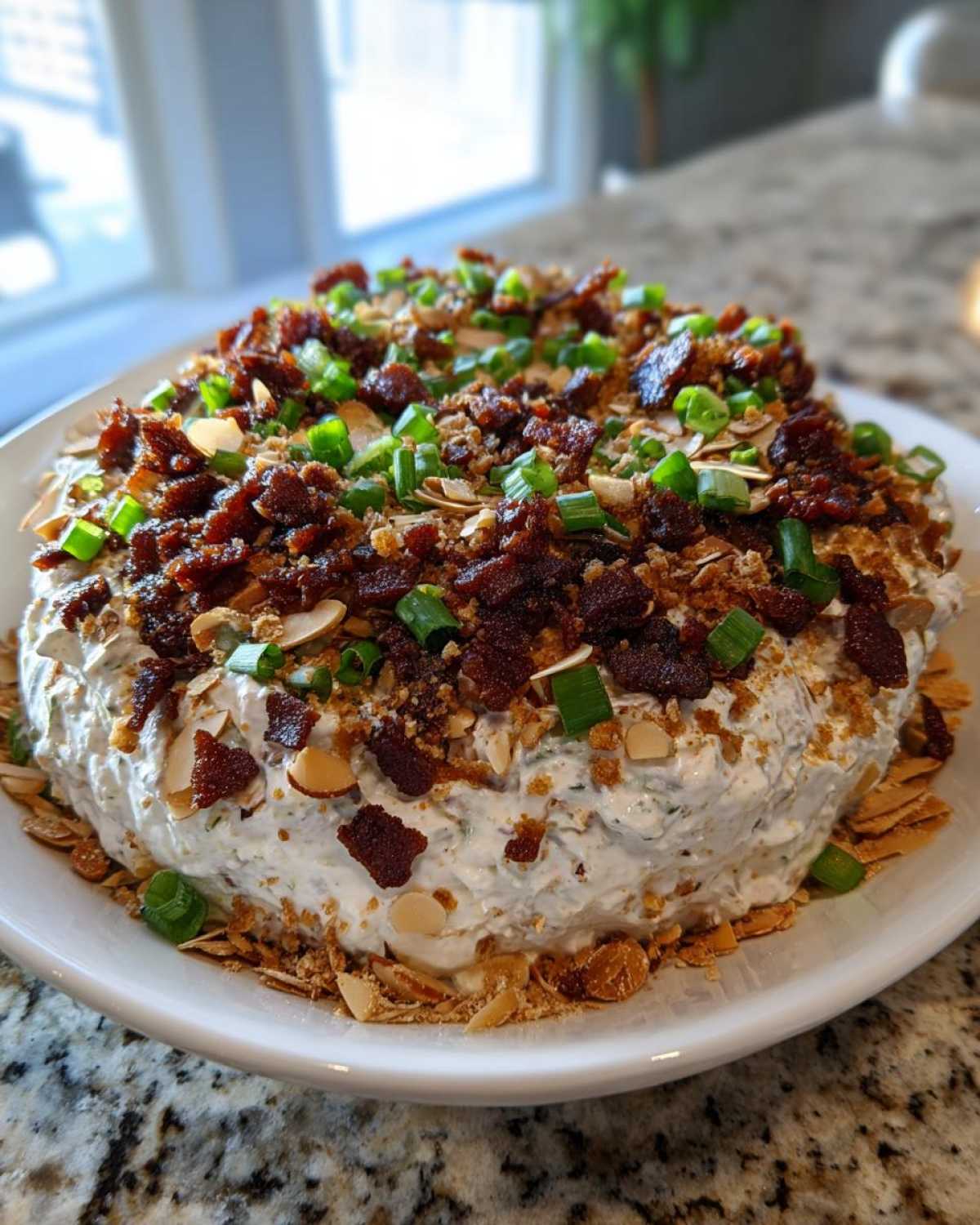 A mound of creamy Neiman Marcus Dip topped generously with bacon bits, sliced almonds, and chopped green onions.