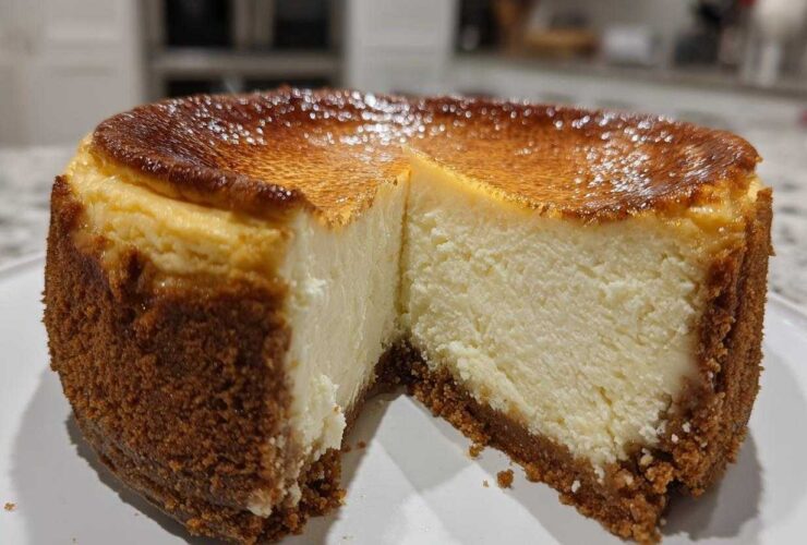 A rich, creamy slice removed from a whole new york cheesecake showing a thick graham cracker crust and a deeply caramelized top.