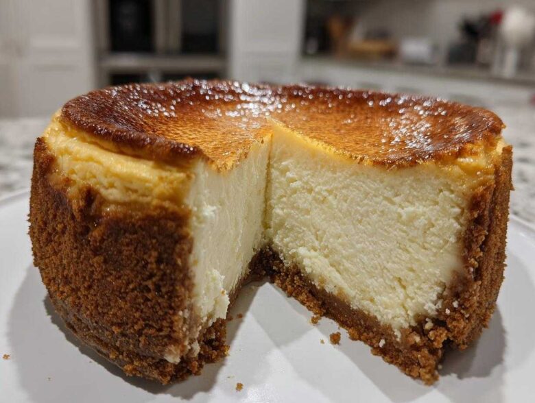 A rich, creamy slice removed from a whole new york cheesecake showing a thick graham cracker crust and a deeply caramelized top.