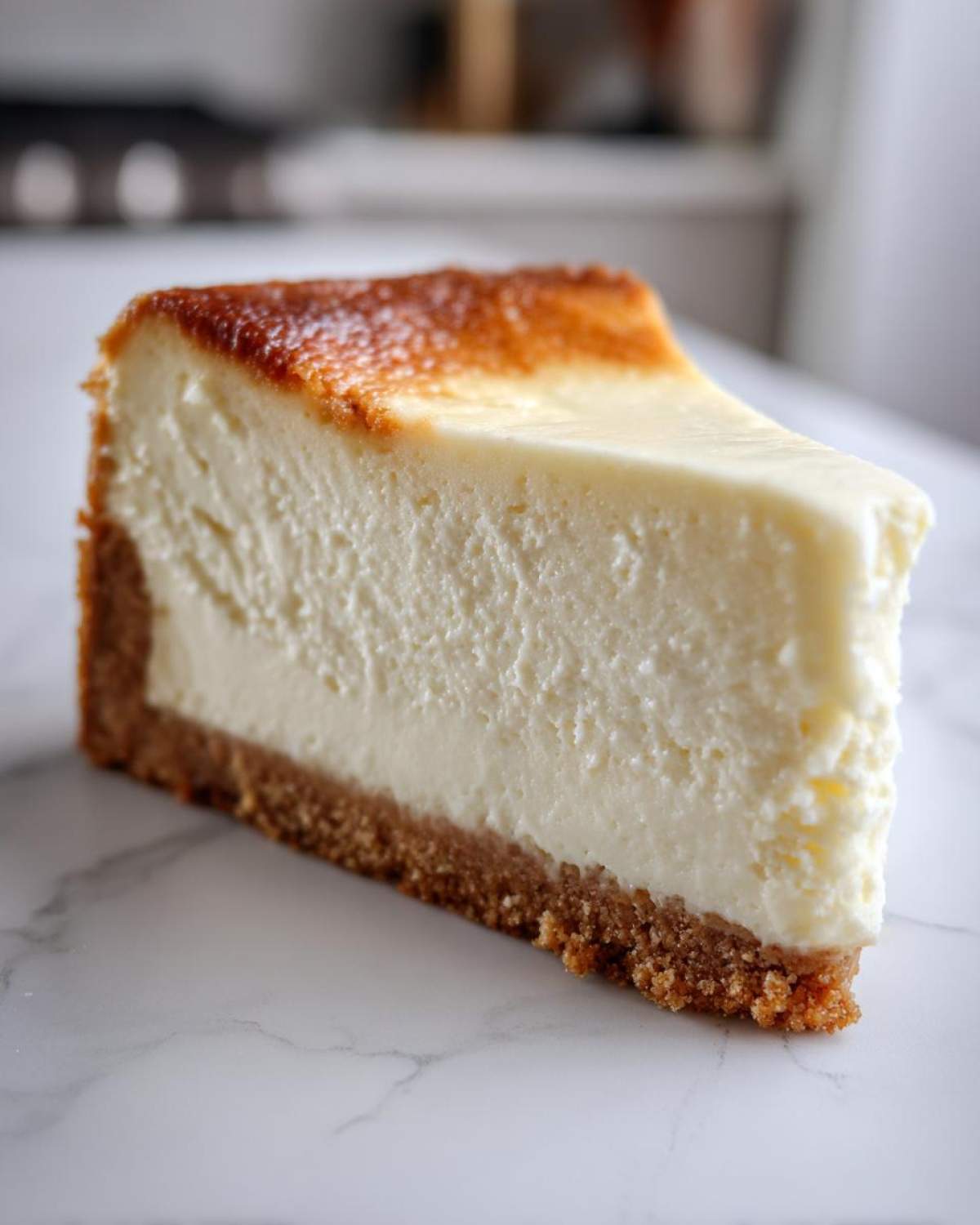 A thick, creamy slice of new york cheesecake with a graham cracker crust and a slightly browned top.
