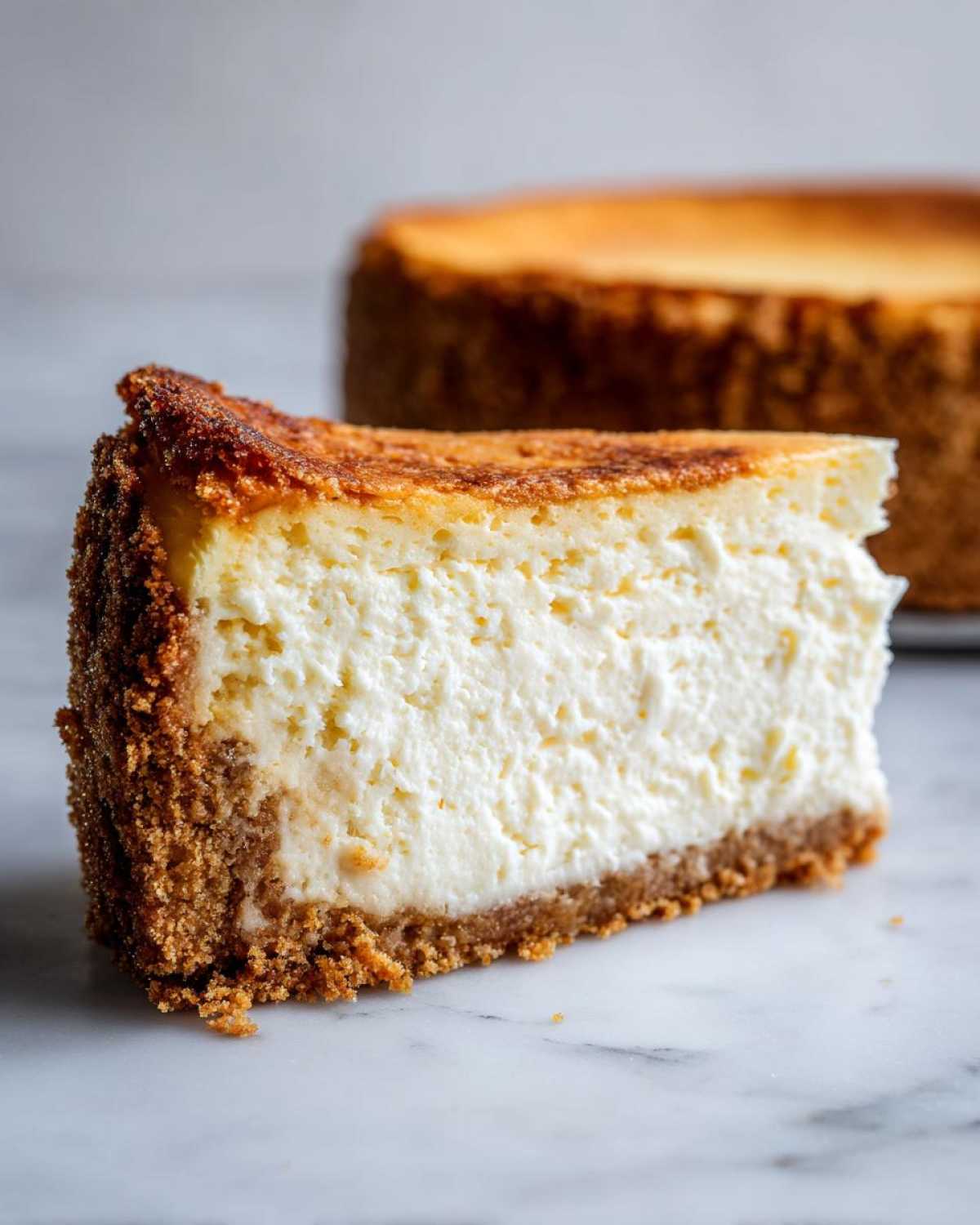 A close-up slice of rich, creamy new york cheesecake showing a thick graham cracker crust.