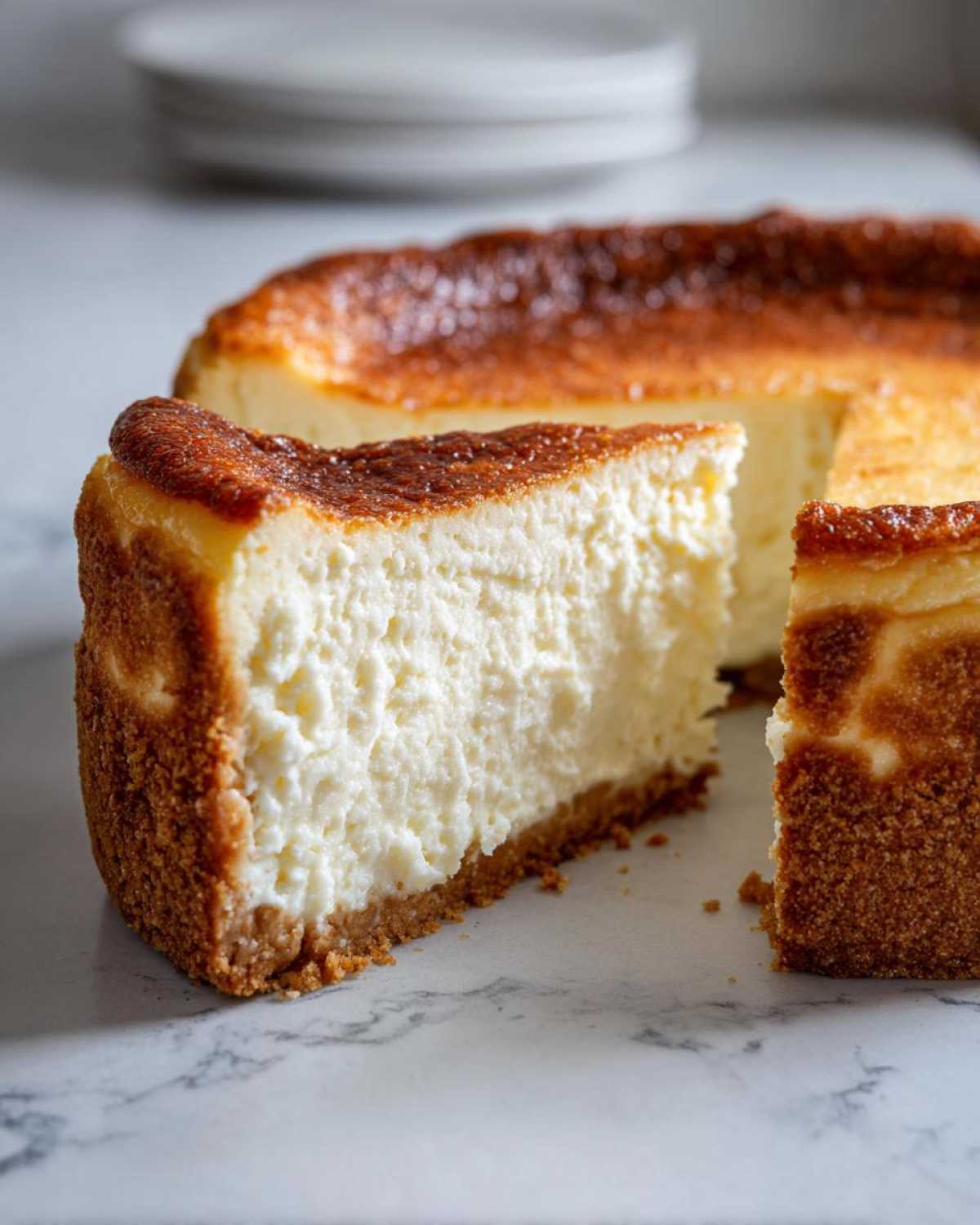 A thick slice of creamy new york cheesecake with a graham cracker crust and a deeply caramelized top.