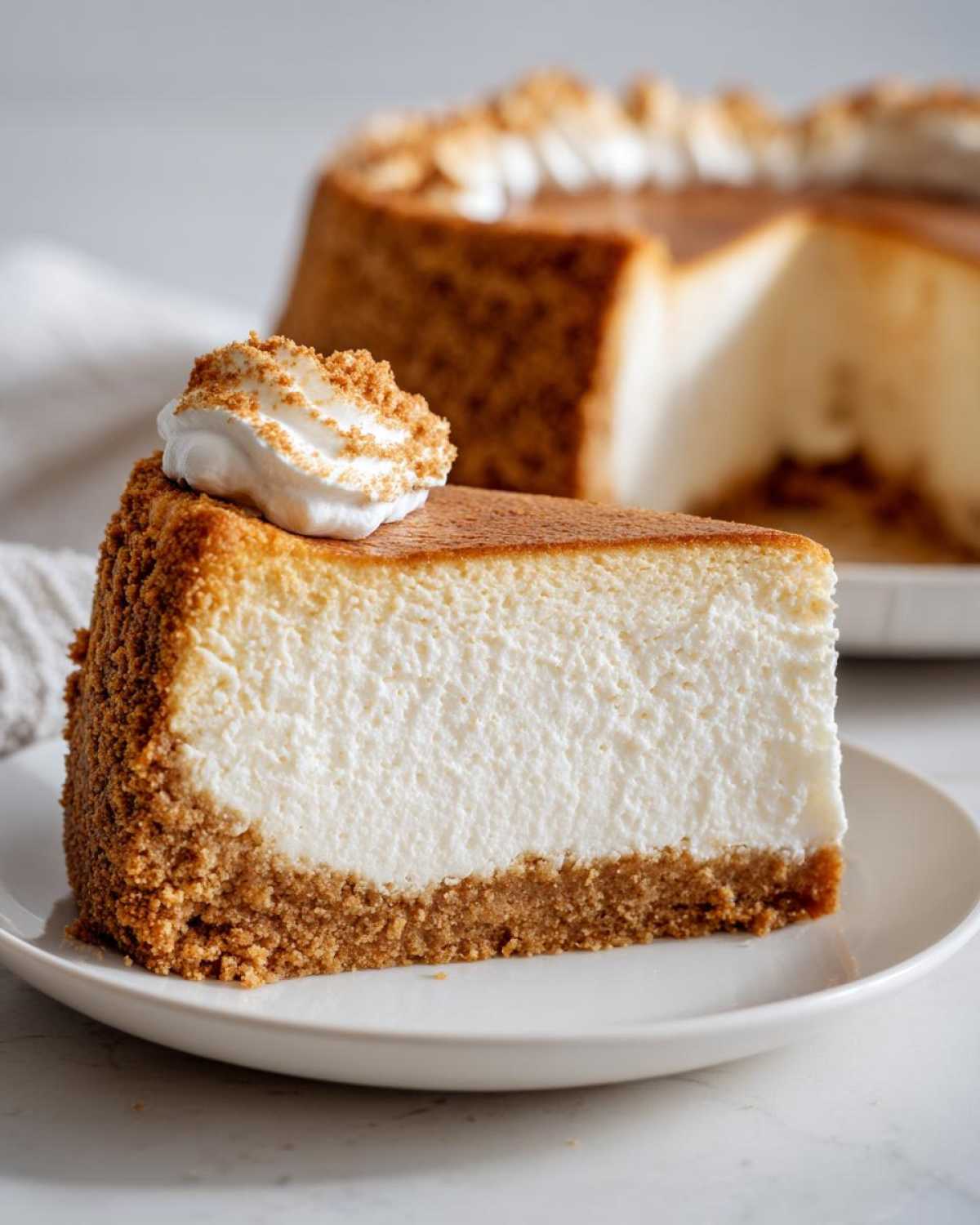 A thick slice of creamy new york cheesecake with a graham cracker crust, topped with whipped cream and crumbs.