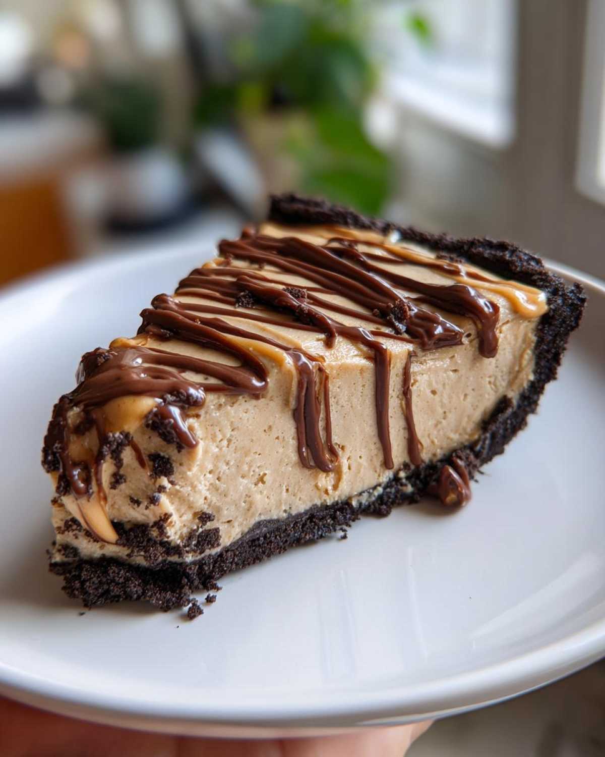 A decadent slice of no-bake peanut butter pie with a dark cookie crust, topped with peanut butter filling and drizzled with chocolate sauce.