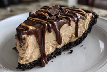 A decadent slice of no-bake peanut butter pie with a dark crust, topped with chocolate ganache and peanut butter drizzle.
