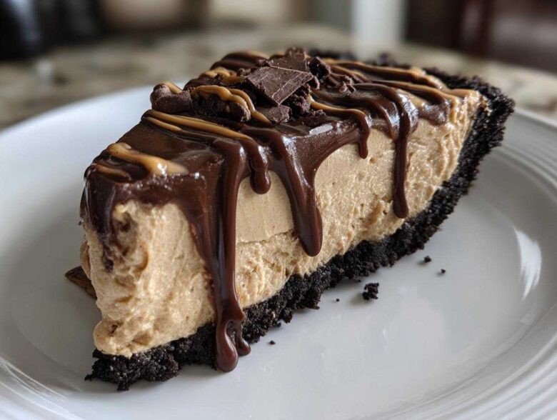 A decadent slice of no-bake peanut butter pie with a dark crust, topped with chocolate ganache and peanut butter drizzle.