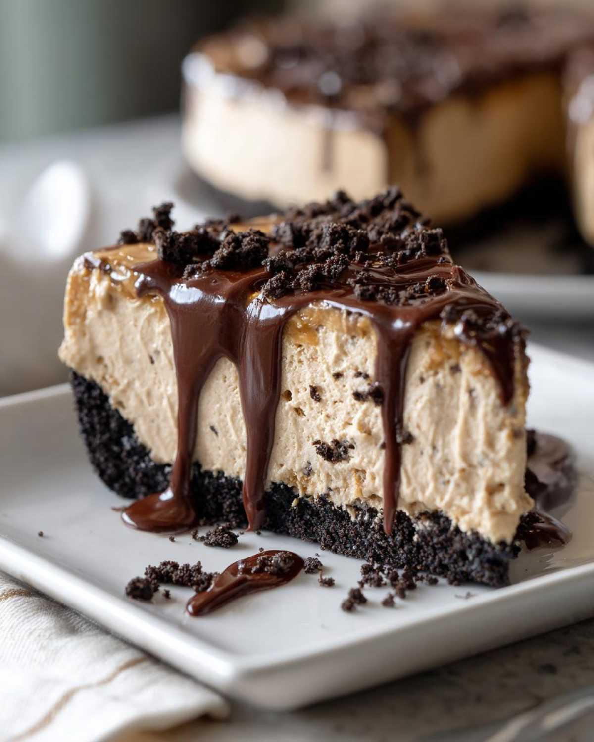A decadent slice of no-bake peanut butter pie featuring a dark crust, creamy filling, chocolate drizzle, and cookie crumbles.