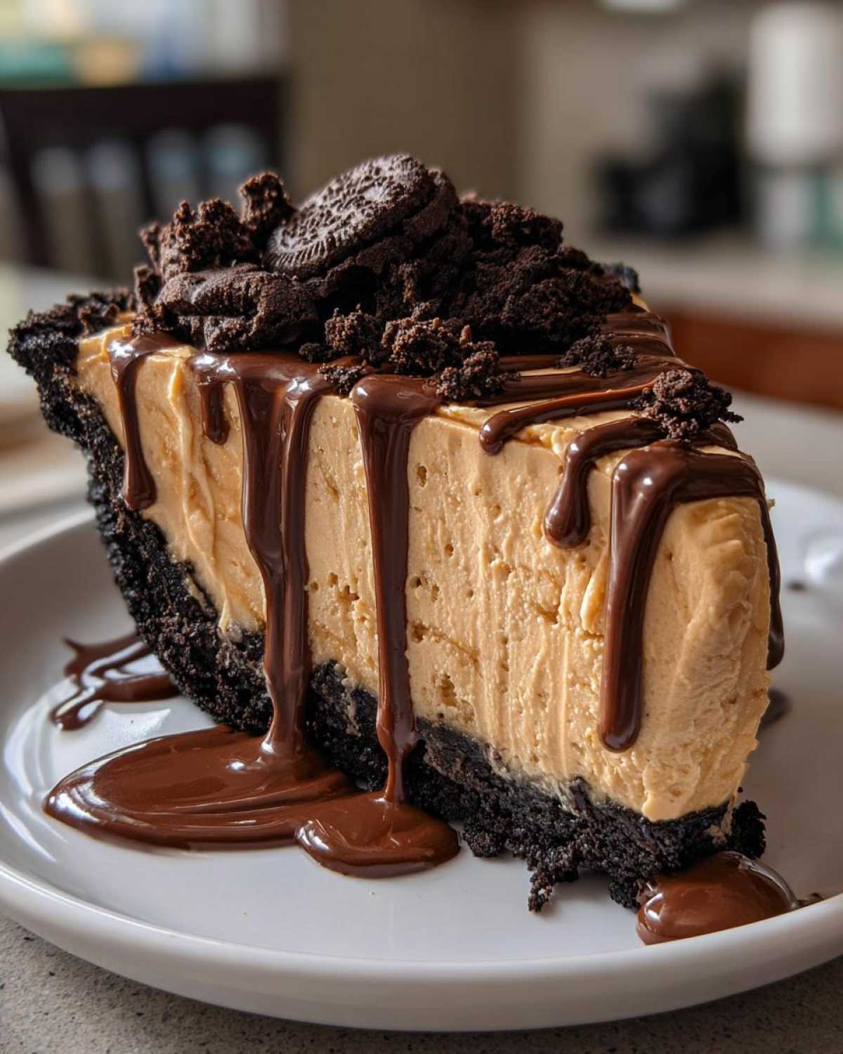 A rich slice of no-bake peanut butter pie with a chocolate crust, drizzled with fudge, and topped with crushed cookies.