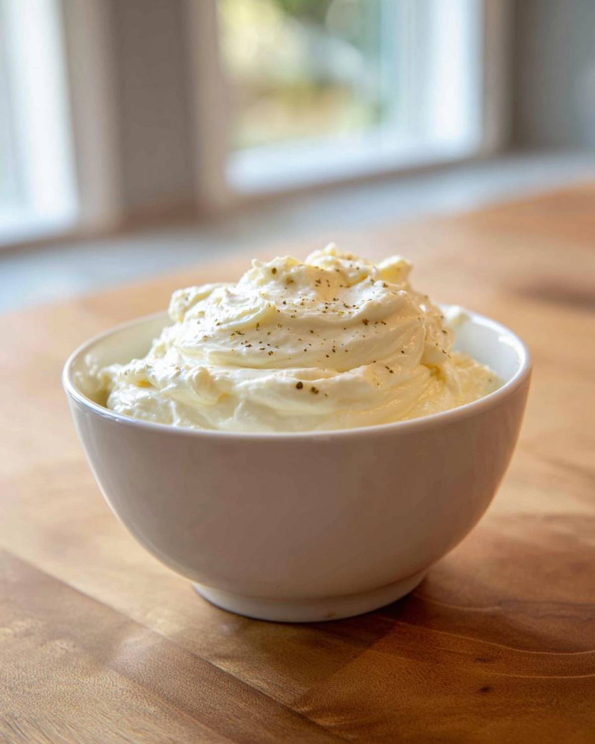 A white bowl filled with thick, creamy Olive Garden Alfredo Sauce, topped with cracked black pepper.
