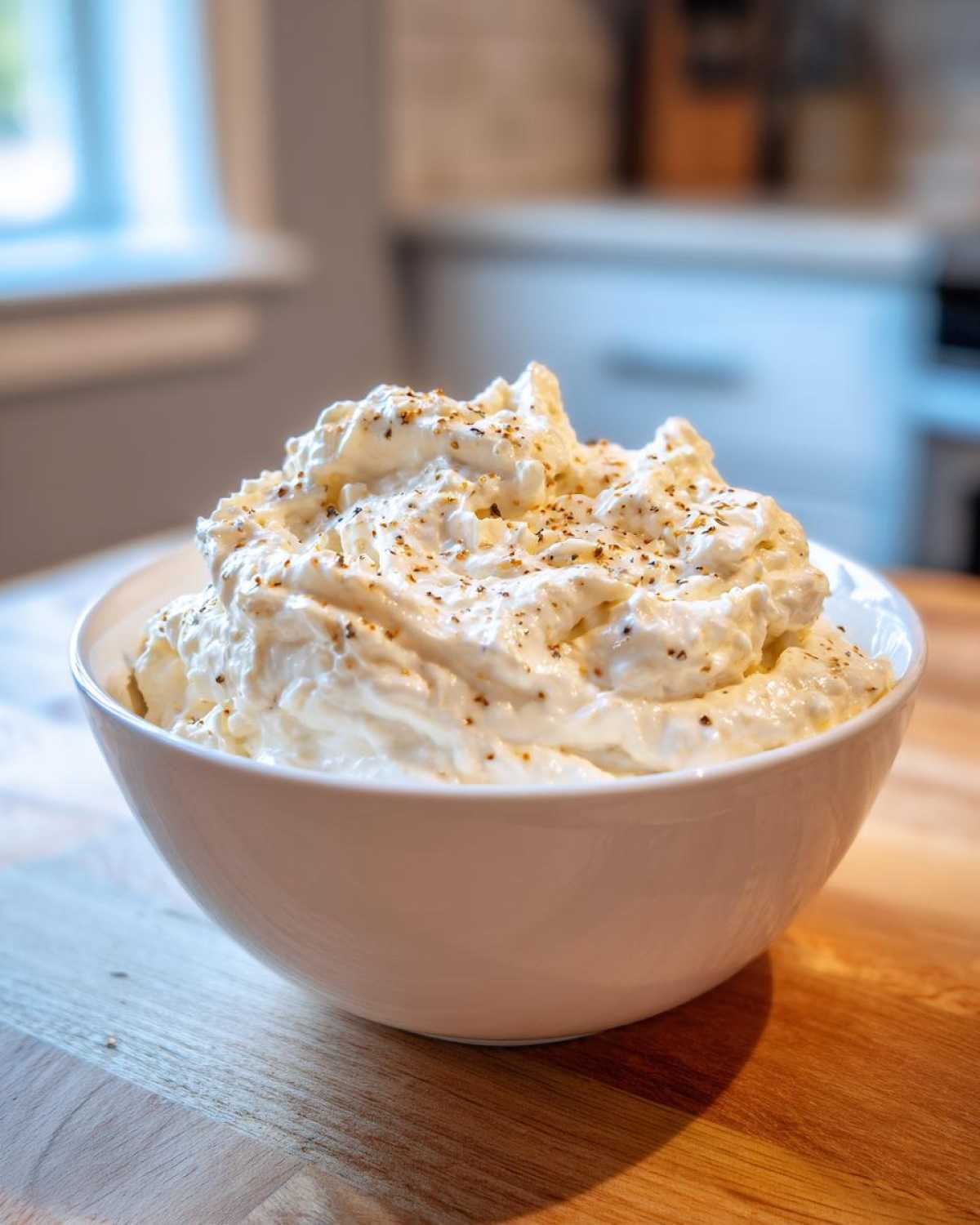 A white bowl filled with rich, creamy homemade Olive Garden Alfredo Sauce, seasoned with pepper.