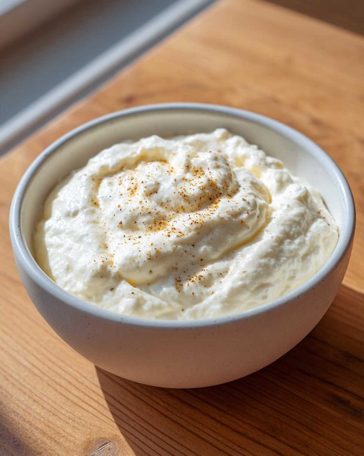 A close-up of creamy Olive Garden Alfredo Sauce topped with pepper in a speckled white bowl.