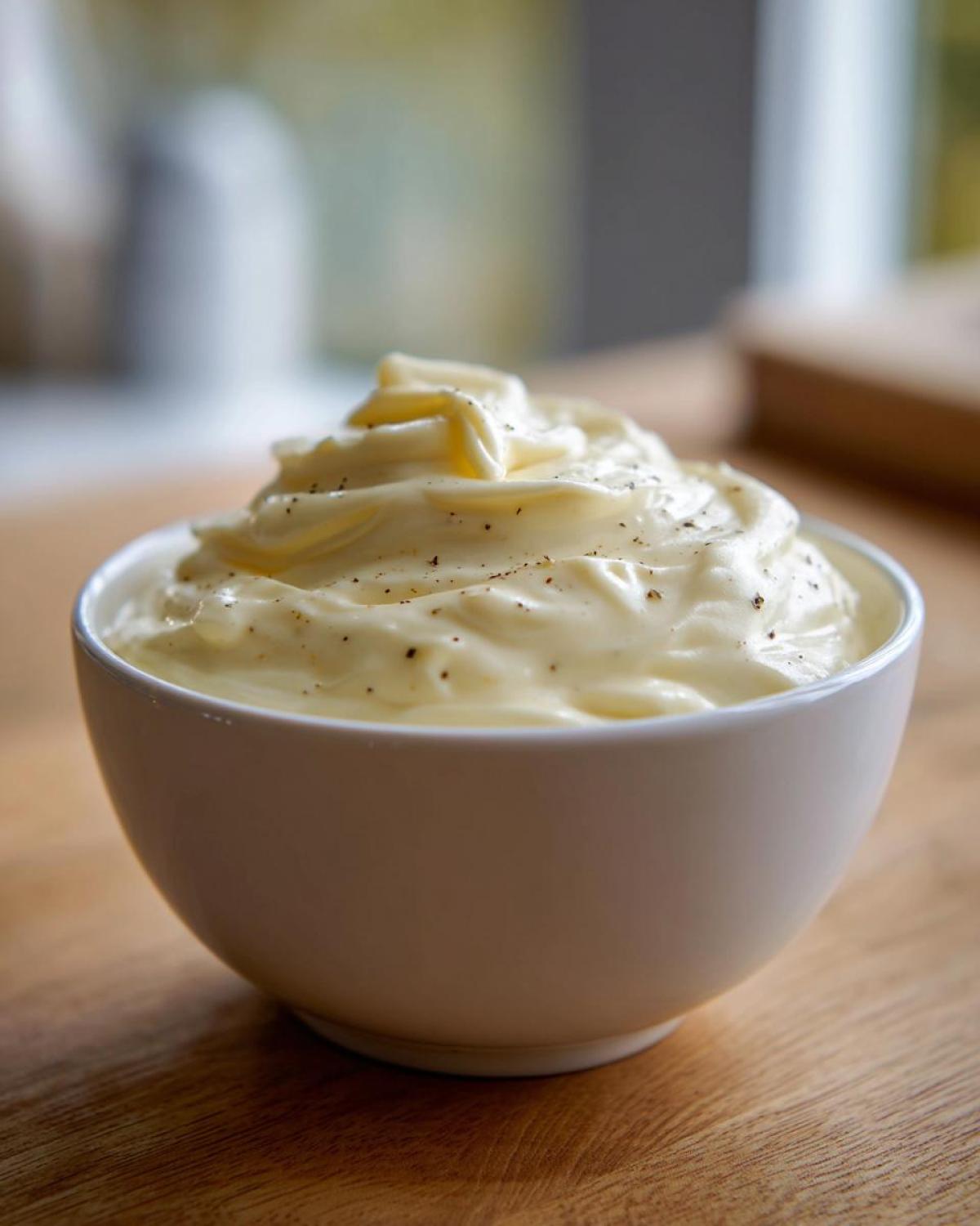 A close-up of rich, creamy Olive Garden Alfredo Sauce, swirled high in a white bowl and lightly seasoned with black pepper.