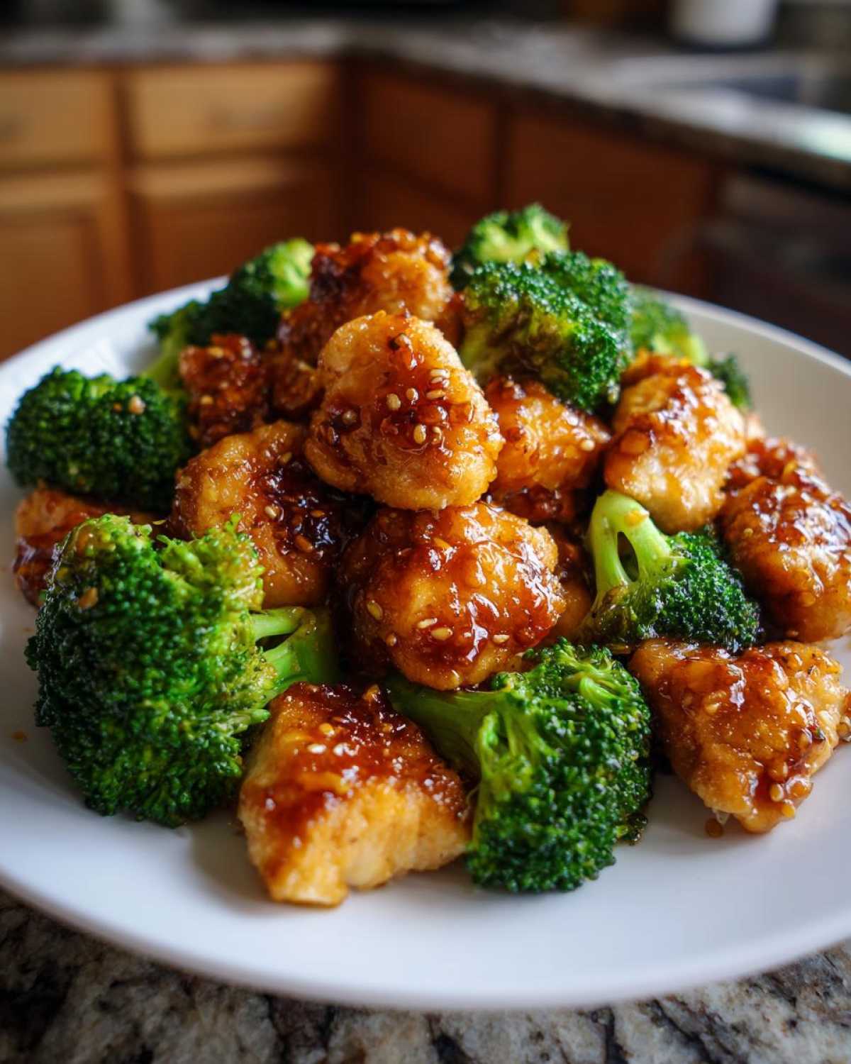 Close-up of glazed, bite-sized chicken and bright green broccoli florets served on a white plate, featuring the chicken and broccoli dish.