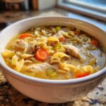 A close-up view of a white bowl filled with steaming chicken noodle soup, featuring broth, egg noodles, shredded chicken, carrots, and celery.